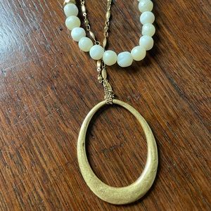 Stella & Dot Natia long statement necklace 2 strands - white beads & gold chain